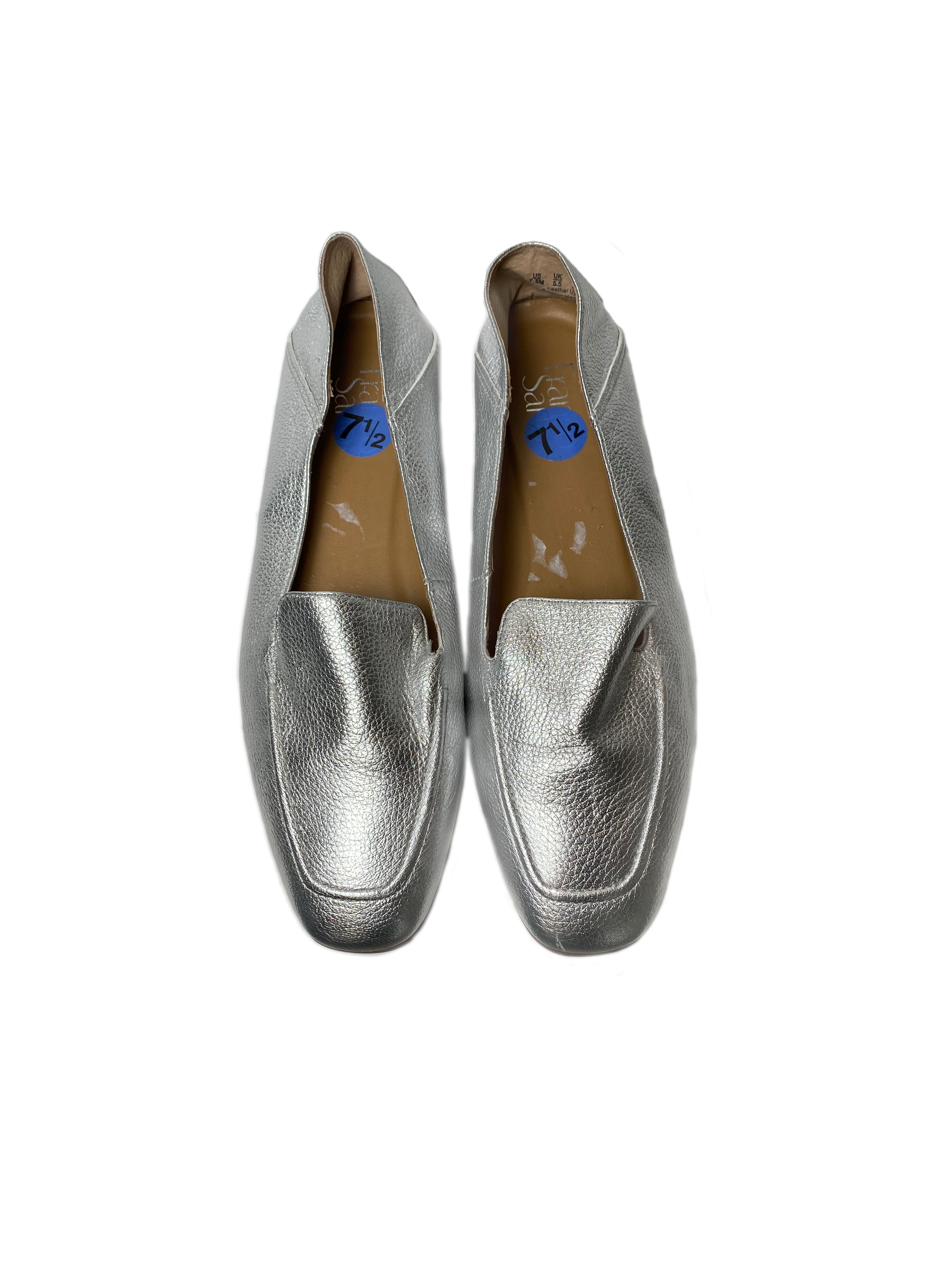 Franco Sarto Silver L-Gracie Slip-On Loafers - EUCBeautiful silver metallic leather slip-on loafers. These are the perfect easy wear shoes for an on the go day.