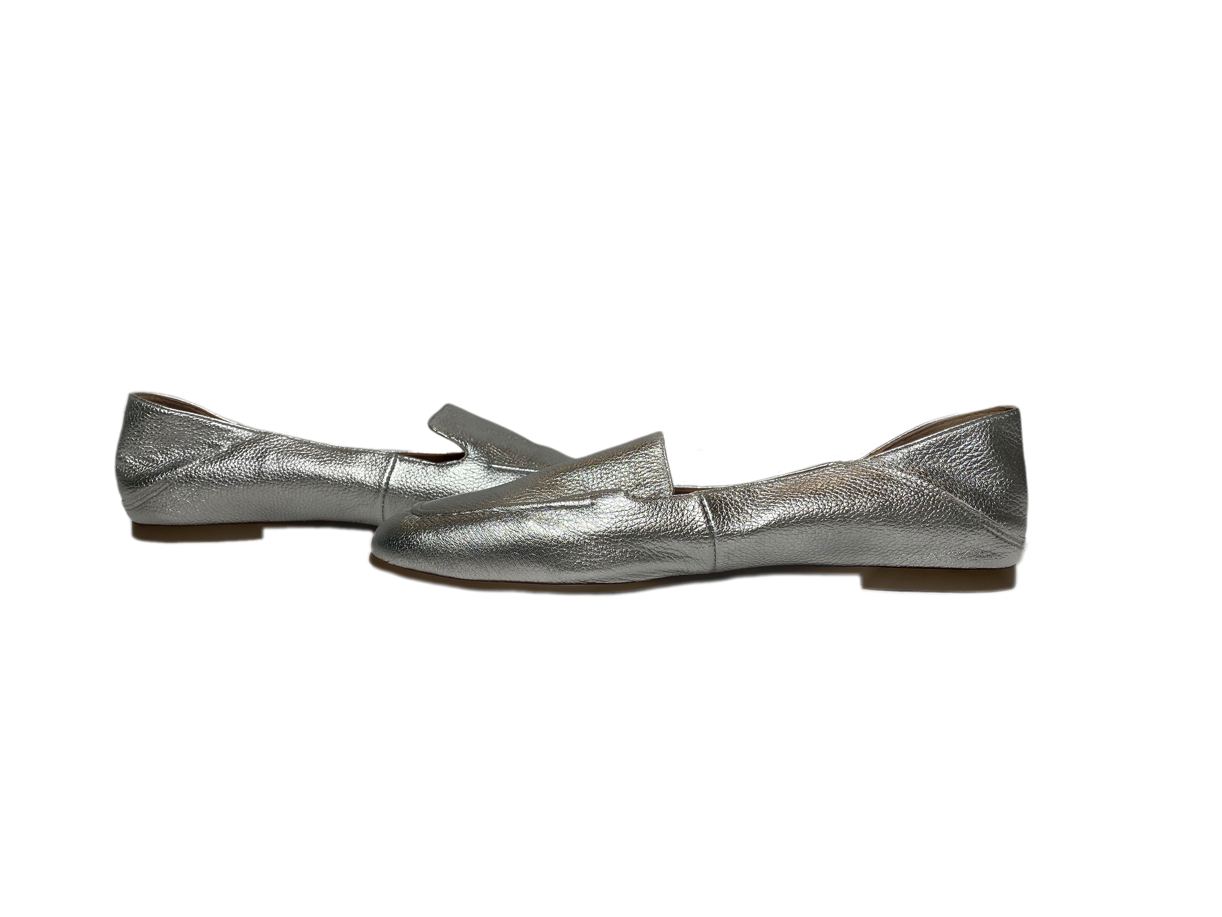 Franco Sarto Silver L-Gracie Slip-On Loafers - EUCBeautiful silver metallic leather slip-on loafers. These are the perfect easy wear shoes for an on the go day.