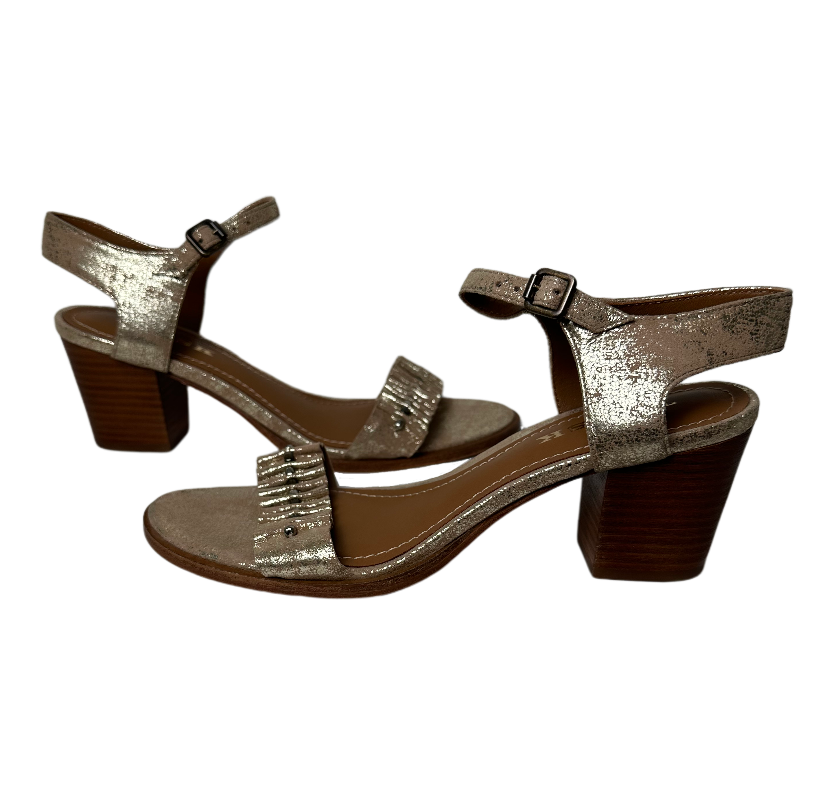 Trask Carrie Gold Metallic Sandal with Block Heel and Ruffle Beaded StBejeweled and bewitching, these Carrie Gold Metallic Sandals from Trask are the perfect combination of modern style and classic charm. Crafted from distressed gold lTrask Carrie Gold Metallic SandalShoes