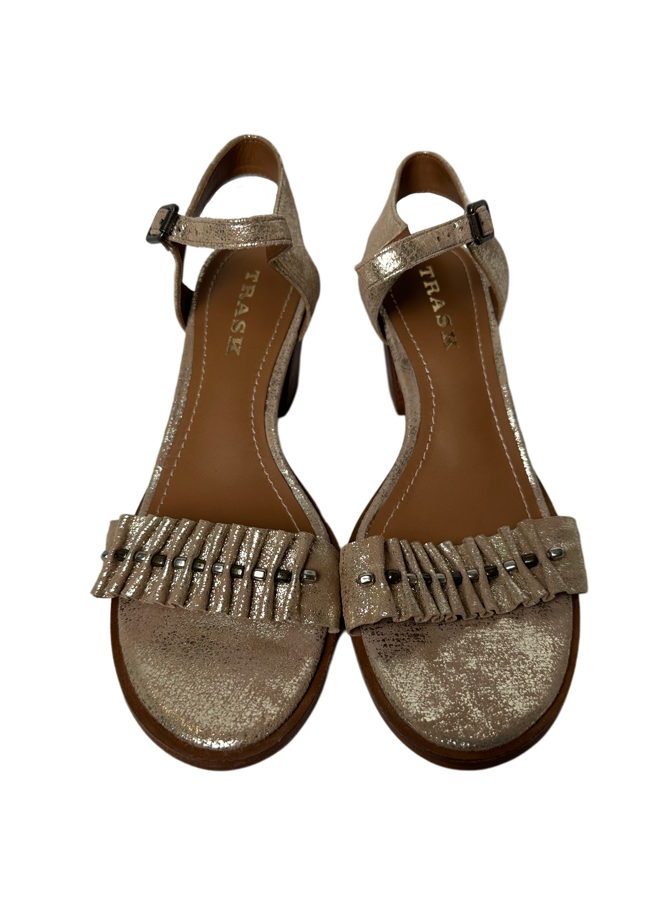 Trask Carrie Gold Metallic Sandal with Block Heel and Ruffle Beaded StBejeweled and bewitching, these Carrie Gold Metallic Sandals from Trask are the perfect combination of modern style and classic charm. Crafted from distressed gold lTrask Carrie Gold Metallic SandalShoes